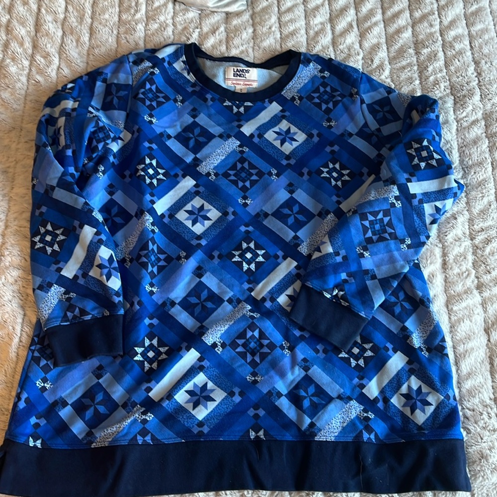 Lands' End Blue Geometric Crewneck Women's Top